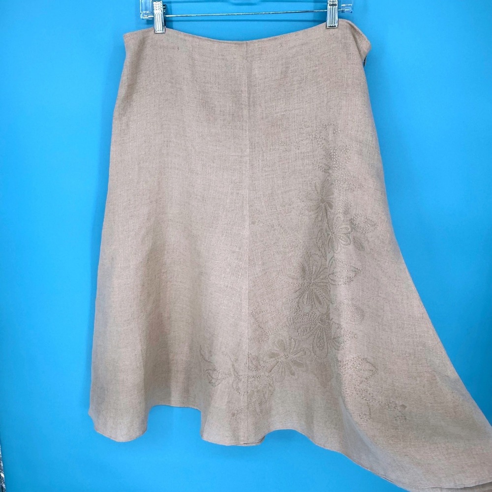Casual Corner Beige 100% Linen Floral Embroidered Midi Skirt 12 Miimalist
